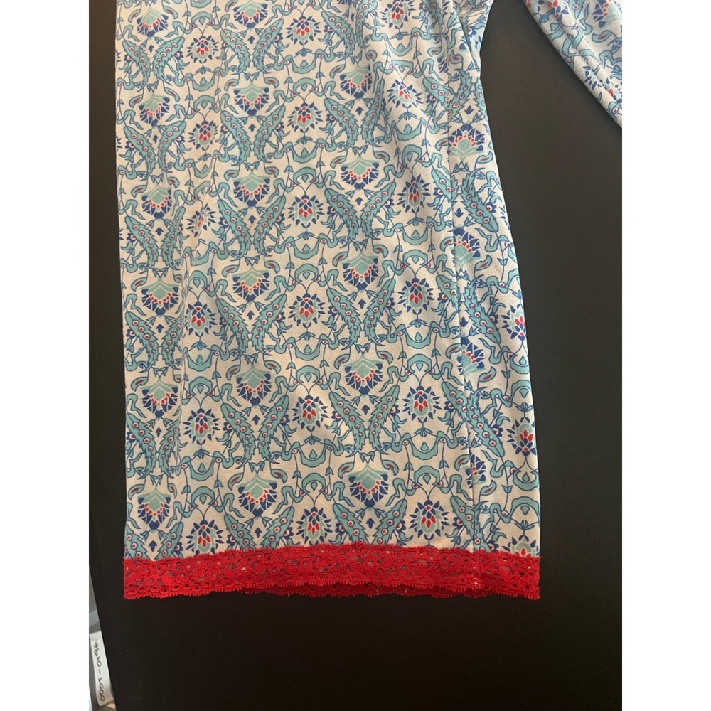 Blue Red Floral Damask Pajama Pants XL Lace Trim Lounge Crop Wide Leg RN 1194 - Picture 8 of 11